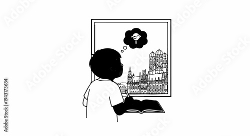 Silhouette of child with open book looking at city view, thinking of a hot air balloon
