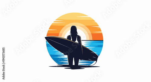 Silhouette of a surfer girl with a surfboard at sunset, ocean waves