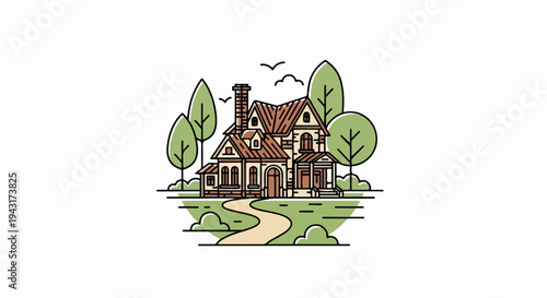 Stylized home with trees, birds, and a winding path on a grassy hill