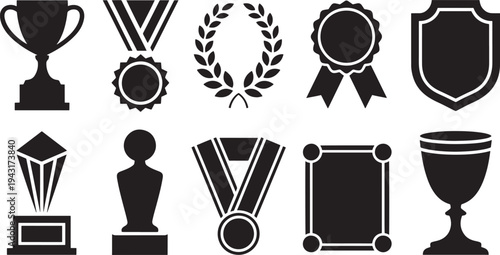 Black and white of trophies medals and awards on white background trophy ribbon laurel wreath