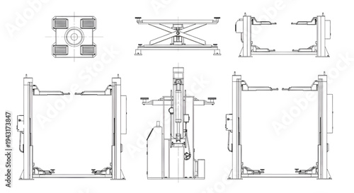 Car Lift Service AutoCAD Blueprint Vector – Automotive Garage Hydraulic Lift Multi-View Technical Drawing Black Outline Isolated on White