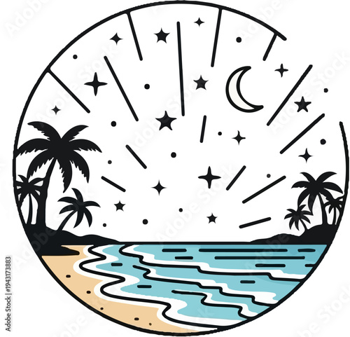 Stylized tropical beach scene with palm trees under a starry night sky and moon