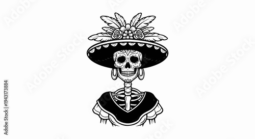 Stylized skeleton with ornate hat, earrings, and shawl