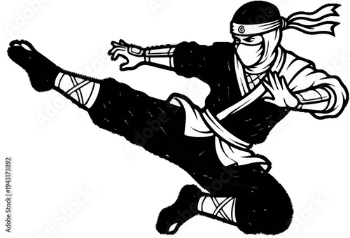 Stylized warrior in action, mid-kick, masked and bandaged