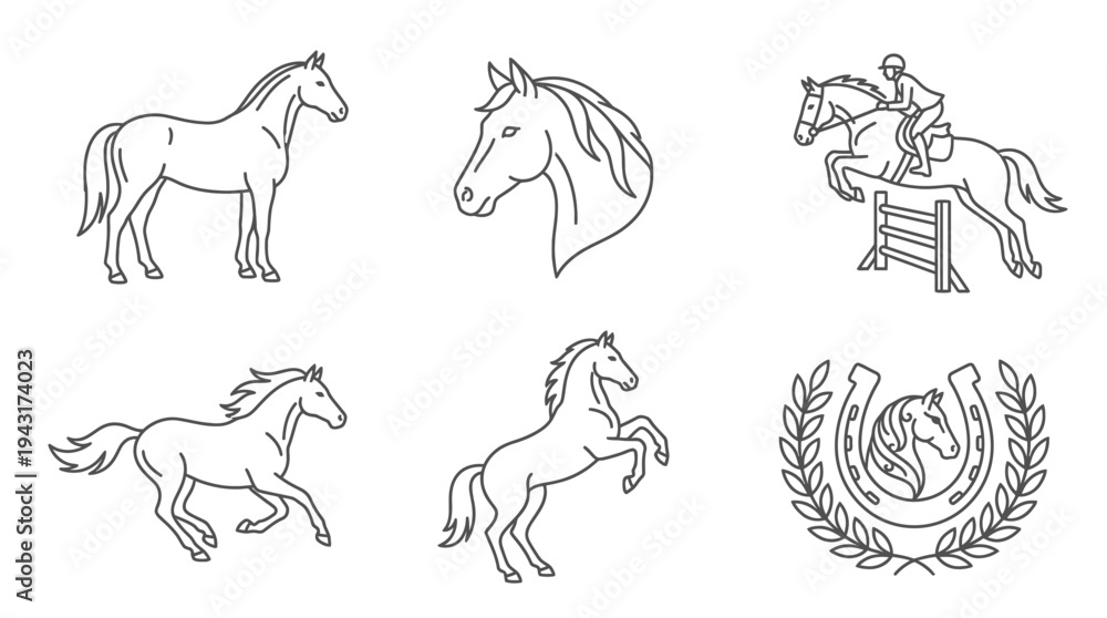 Fototapeta premium Equestrian horse vector icon set features horses and rider in action