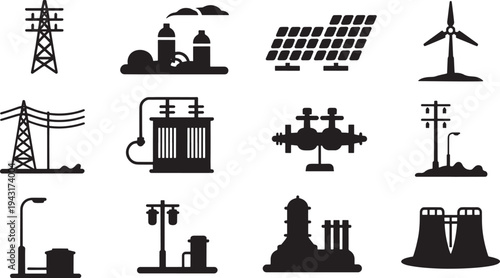 Black and white of various energy sources and industrial structures power electricity