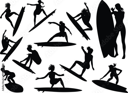 Collection of black silhouettes of female surfers catching waves and posing with surfboards, extreme water sports action, summer beach lifestyle, vector set.