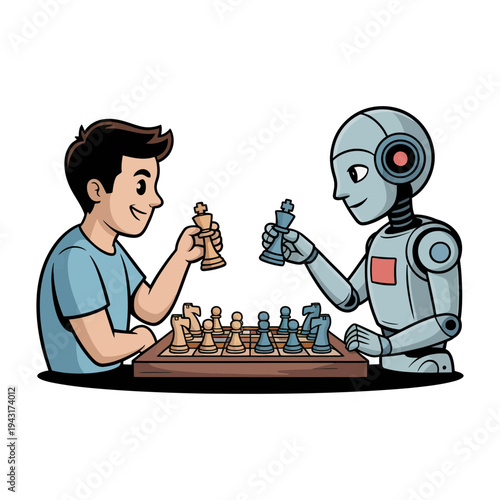 Robot and man playing chess together in a cartoon illustration style