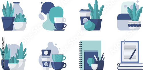 Various office and home desk items arranged artistically