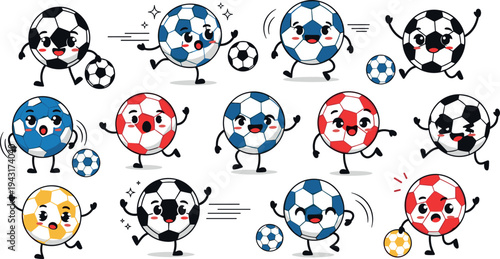 Cute cartoon soccer ball characters collection with funny football mascots playing sport vector illustration set