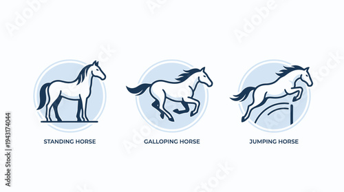 Elegant horse silhouettes showcase standing, galloping, and jumping horses in a vector icon collection.