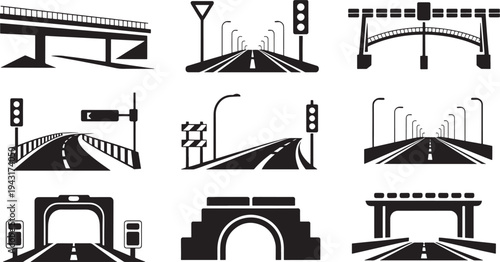 Black and white of various road and traffic scenarios with bridges tunnels and traffic lights