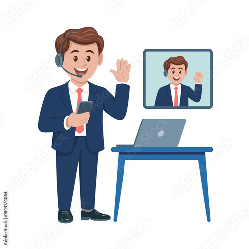A businessman in a blue suit waves at a laptop screen