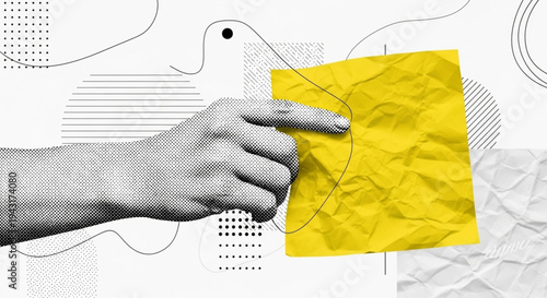 Hand holding a crumpled yellow sticky note with abstract geometric background and fluid shapes