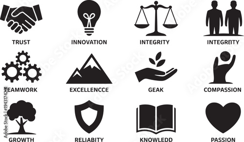 Black and white representing core values and principles with labels symbols trust