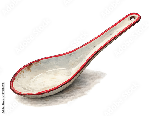 Vintage enamel spoon watercolor illustration isolated on transparent background