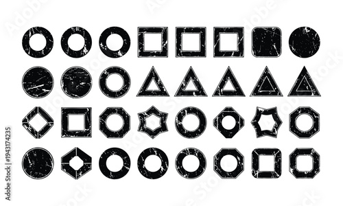 Black distressed geometric stamp frames collection with grunge ink texture and vintage rubber seal shapes for design