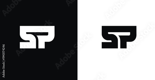 A modern logo design featuring the letters SP in a stylized font on a black and white background