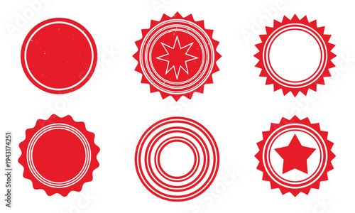 Red circular vintage badge collection with star motifs and sunburst frames for product labels and quality stamps