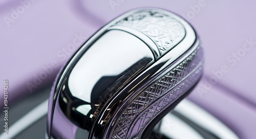 Shiny chrome gear shift knob in a modern car interior.