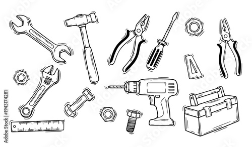 Sketchy Hand Drawn Repair and Maintenance Tools Icon Pack