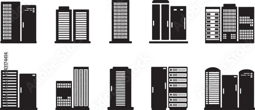 Black and white server racks and computer equipment in various styles and configurations