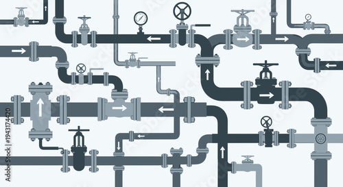 Complex Industrial Plumbing System with Valves and Gauges.