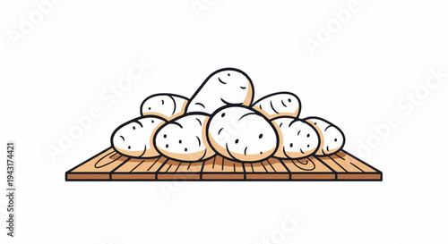 A pile of cartoon potatoes sitting on a wooden surface
