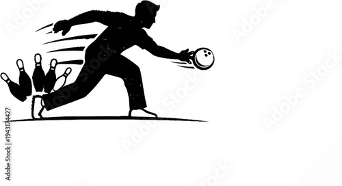 Silhouette of a person bowling, releasing ball towards pins