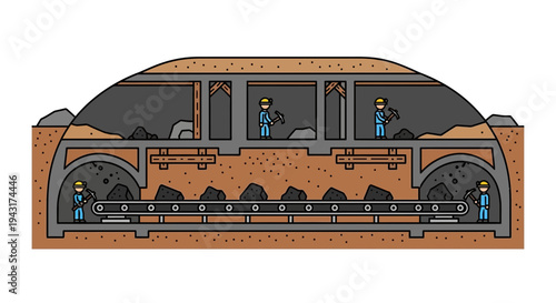 Cross section illustration of underground tunnel construction with workers.