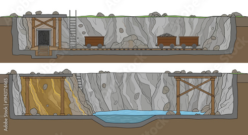 Cross section of a mine showing tunnels and water.