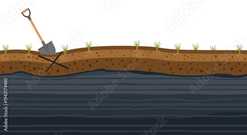 Cross section of earth layers with shovel digging.