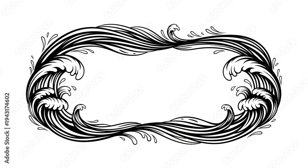 Fototapeta premium Ocean Wave Silhouette Border Frame Vector Isolated on White
