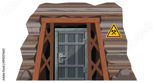 Entrance to a dark mine shaft with warning sign.