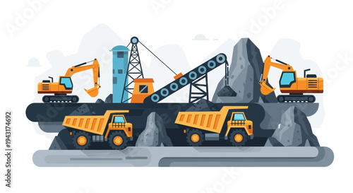 Heavy Machinery and Mining Operations in Quarry.