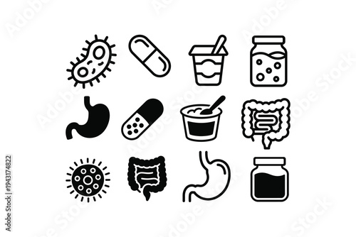 Probiotic and gut health vector icon set - Digestive system and bacteria black line icons