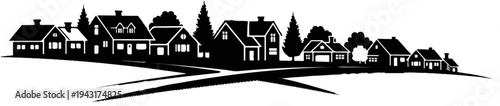 A stylized black and white silhouette of a suburban neighborhood with various houses and trees