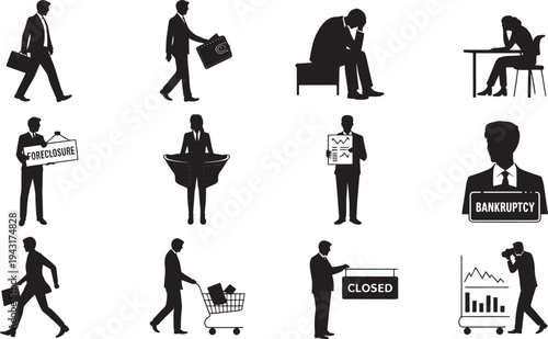 Black silhouettes of people in business-related distress situations
