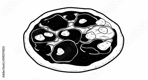 A top-down, hand-drawn illustration of a rustic pizza with dark toppings