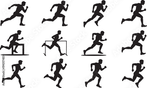 Black Silhouettes of People Running and Jumping Over Hurdles