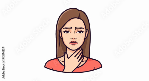 Portrait of a worried woman holding her sore throat