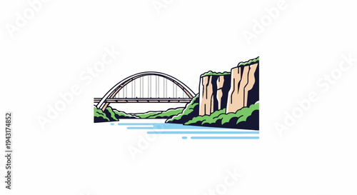 Arch bridge spans a river by cliffs and green foliage