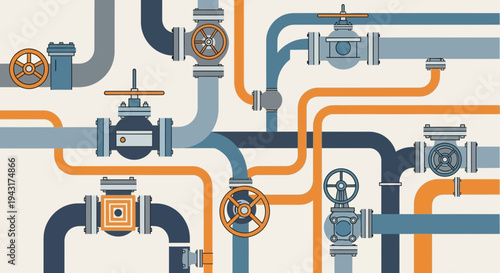 Industrial Plumbing System Network With Valves.