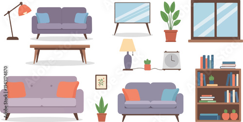 Assortment of living room furniture, decor, and plants, flat design