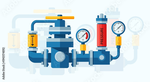 Industrial Plumbing System with Valves and Gauges.