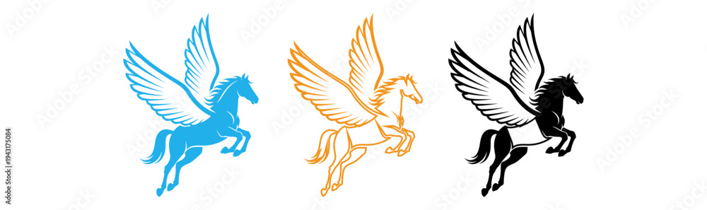 Obraz premium Winged horse silhouettes in blue orange and black