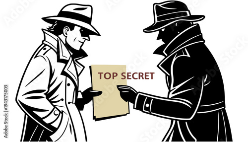 A spy in black coat exchanging top secret documents with another agent