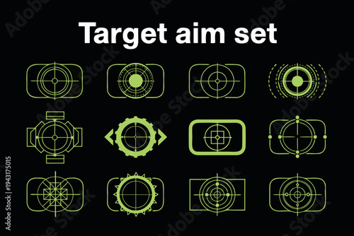 Target aim set. Crosshair target weapon sniper sight for gun or rifle in neon green color. Sniper scope target for shooting game. Vector icon .
