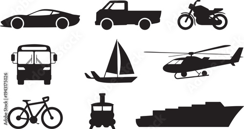 Black Silhouettes of Various Vehicles and Transportation Modes on White Background