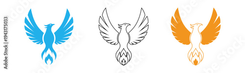 Three stylized bird logos in blue black and orange